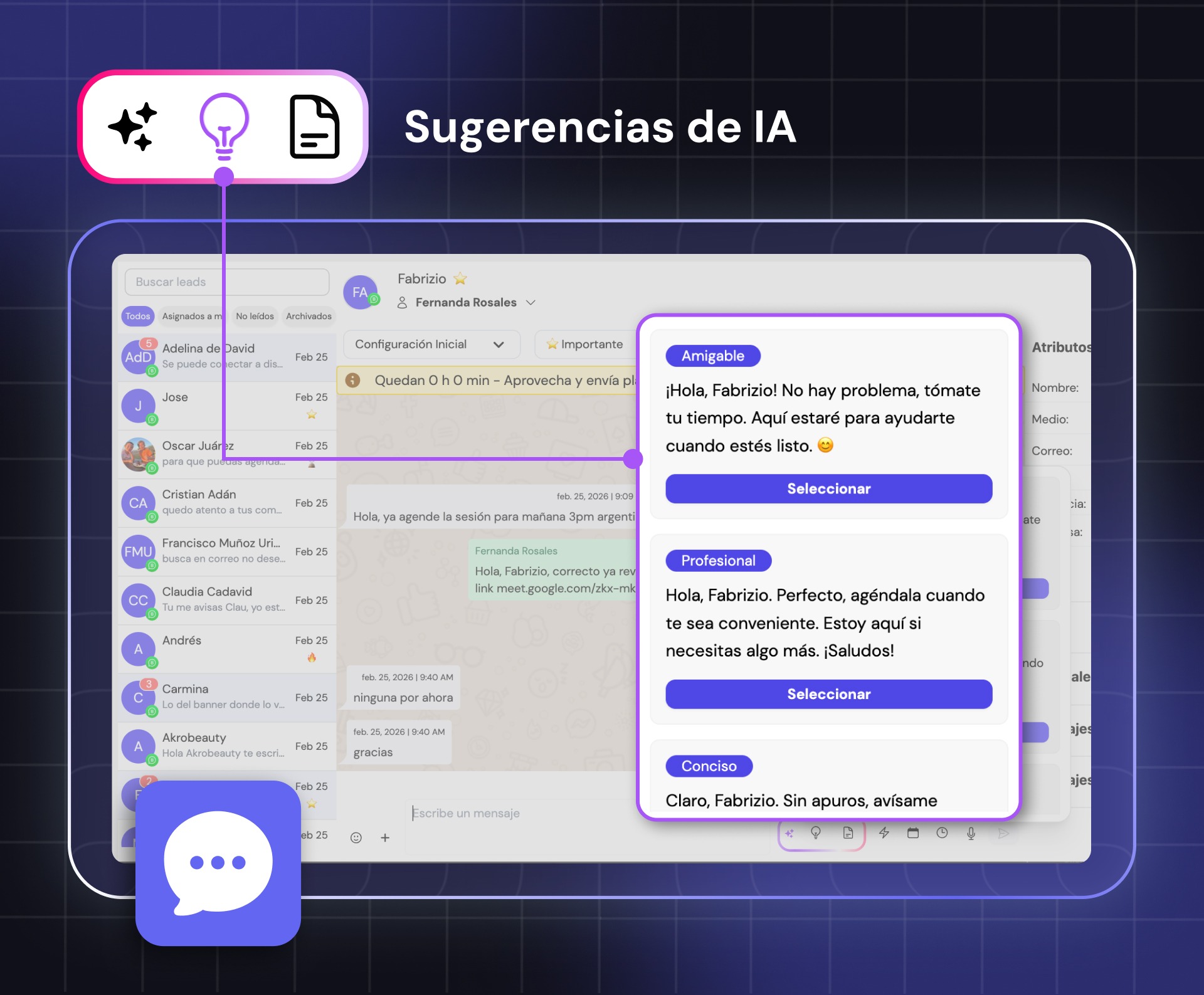 Vista de sugerencias de IA en Leadsales dentro de una conversación activa, con tres opciones de respuesta etiquetadas por tono: amigable, profesional y conciso, listas para seleccionar con un clic.