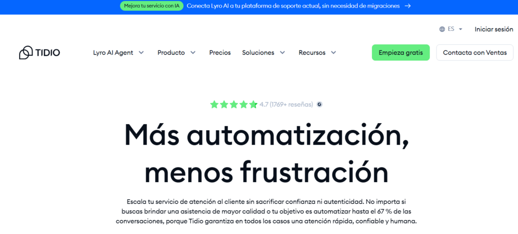 Pantalla de Tidio AI