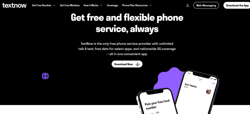 Pantalla de TextNow para obtener un número virtual gratis y usar llamadas desde el celular