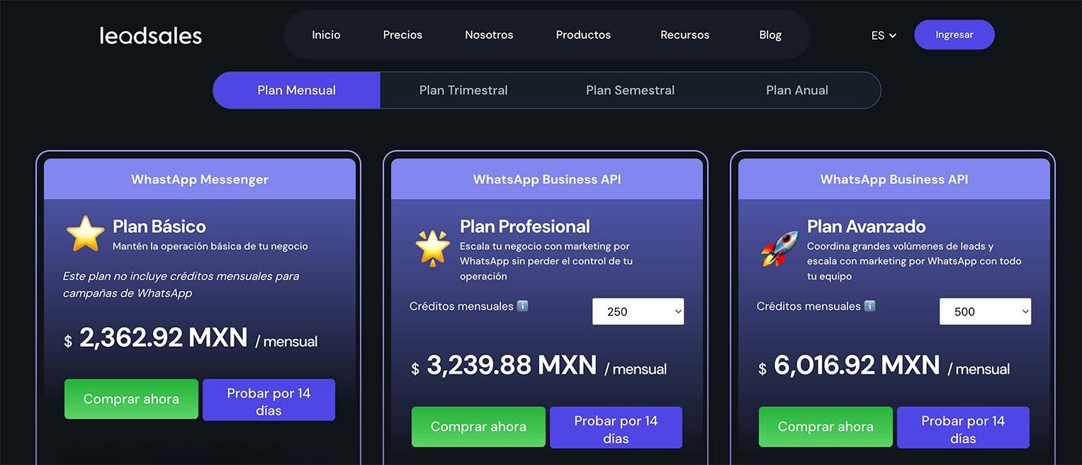 Captura de la página de precios de Leadsales mostrando sus tres planes mensuales: Plan Básico con WhatsApp Messenger a $2,362.92 MXN, Plan Profesional con WhatsApp Business API y 250 créditos mensuales a $3,239.88 MXN, y Plan Avanzado con WhatsApp Business API y 500 créditos mensuales a $6,016.92 MXN