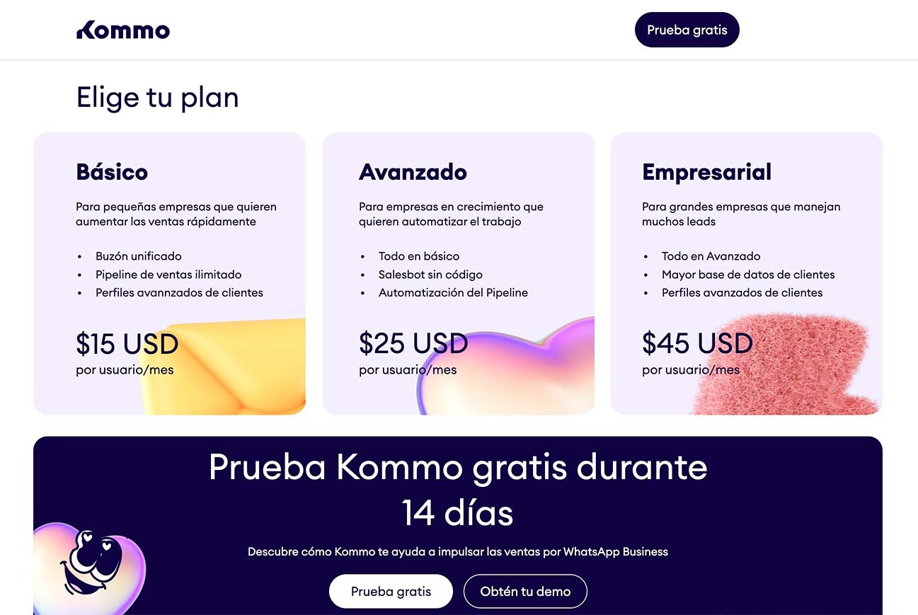 Captura de la página de precios de Kommo mostrando sus tres planes por usuario al mes: Básico a $15 USD con buzón unificado y pipeline ilimitado, Avanzado a $25 USD con Salesbot sin código, y Empresarial a $45 USD con base de datos de clientes ampliada.