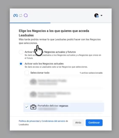 Selección de portafolio comercial en Meta para conectar Facebook a Leadsales CRM