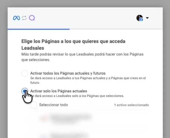 Selección de página de Facebook para conectar a Leadsales CRM