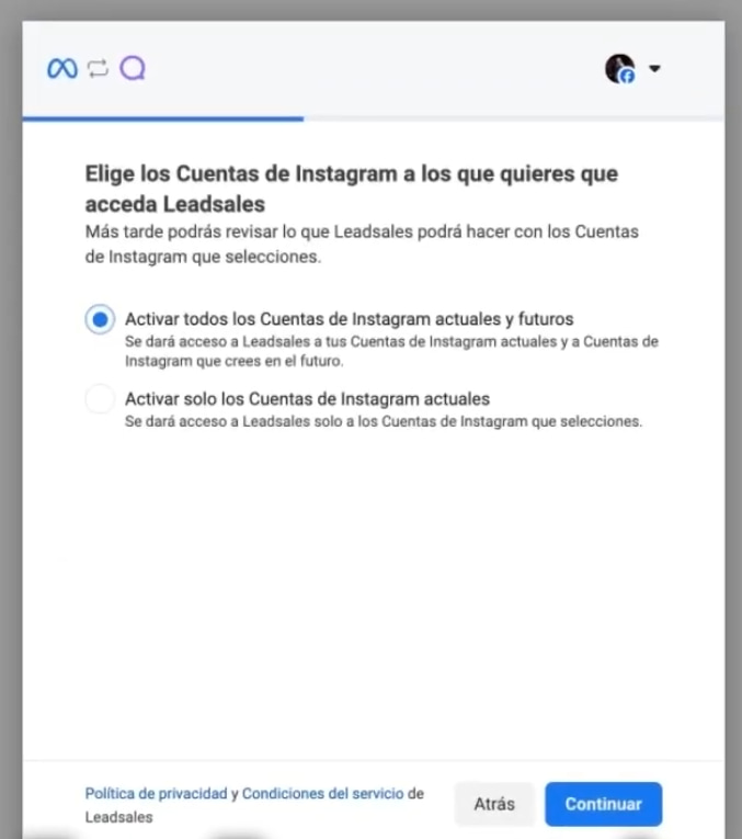 Selección de cuenta de Instagram para integrar a Leadsales CRM