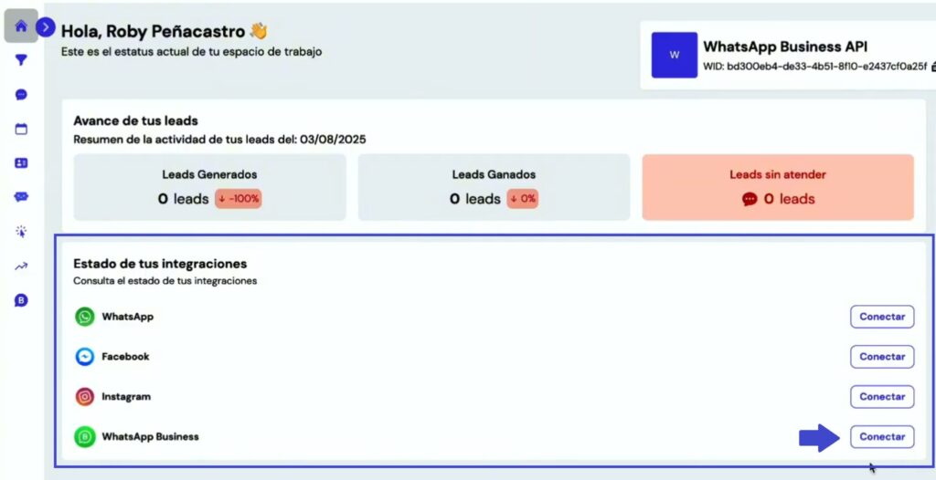 Sección de integraciones en el dashboard de Leadsales indicando botón de conectar WhatsApp Business