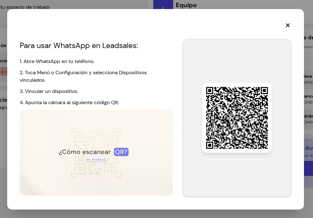 Pantalla de código QR para conectar WhatsApp Web a Leadsales