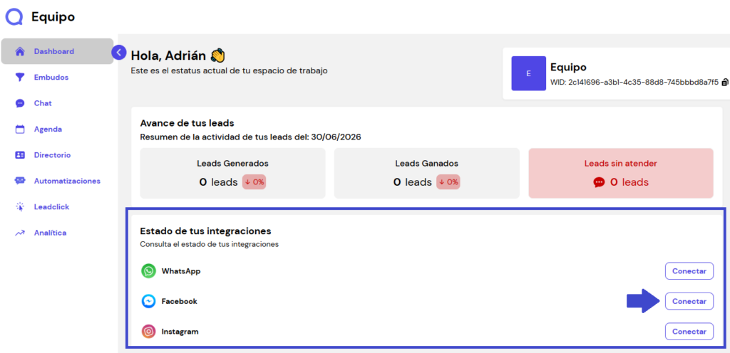 Sección de integraciones en el dashboard de Leadsales indicando botón de conectar Facebook