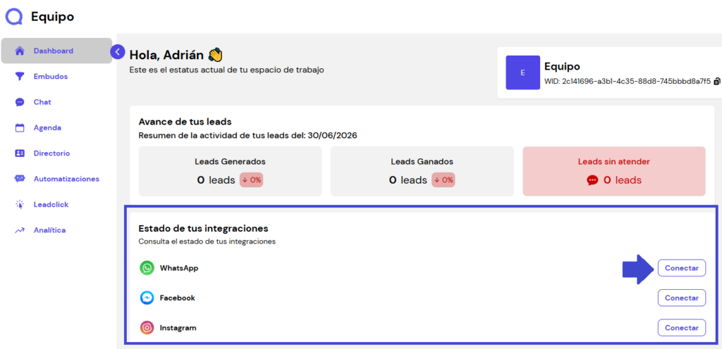 Sección de integraciones en el dashboard de Leadsales indicando botón de conectar WhatsApp