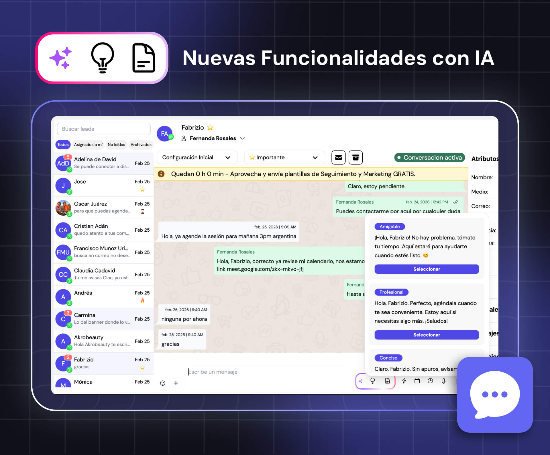 Función de respuesta sugerida con IA en una conversación de WhatsApp dentro de Leadsales, mostrando tres borradores de respuesta con distinto tono (amigable, profesional, conciso) para que el agente elija o edite.