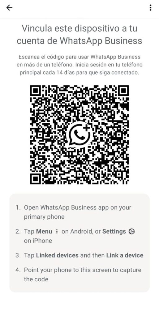 Pantalla de vinculación de dispositivos para tener WhatsApp Business en dos celulares