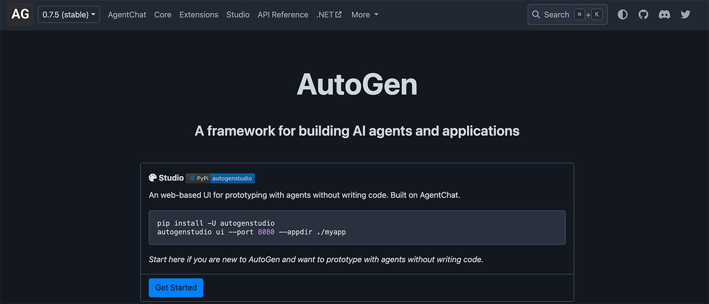 Captura de pantalla de la sección de inicio en la página web de AutoGen