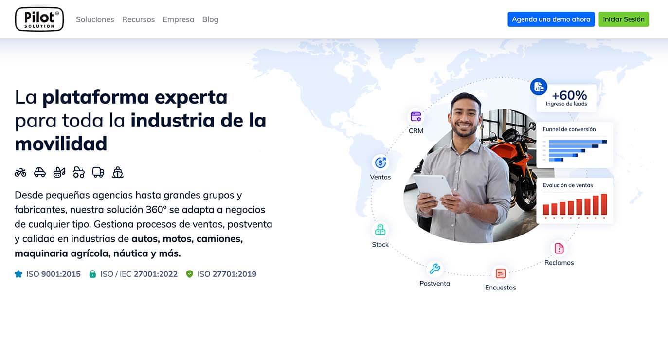 Página de inicio de Pilot Solution mostrando su plataforma para la industria de la movilidad —autos, motos, camiones, maquinaria agrícola y náutica— con métricas de ingreso de leads, funnel de conversión y evolución de ventas.