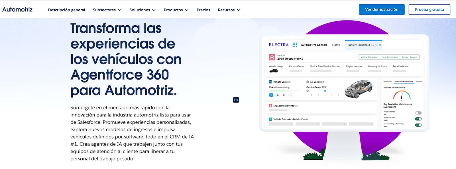 Página de Salesforce Automotive Cloud mostrando el panel de Agentforce 360 para automotriz, con datos de un vehículo, estado de mantenimiento predictivo y opciones para ver una demostración o prueba gratuita.