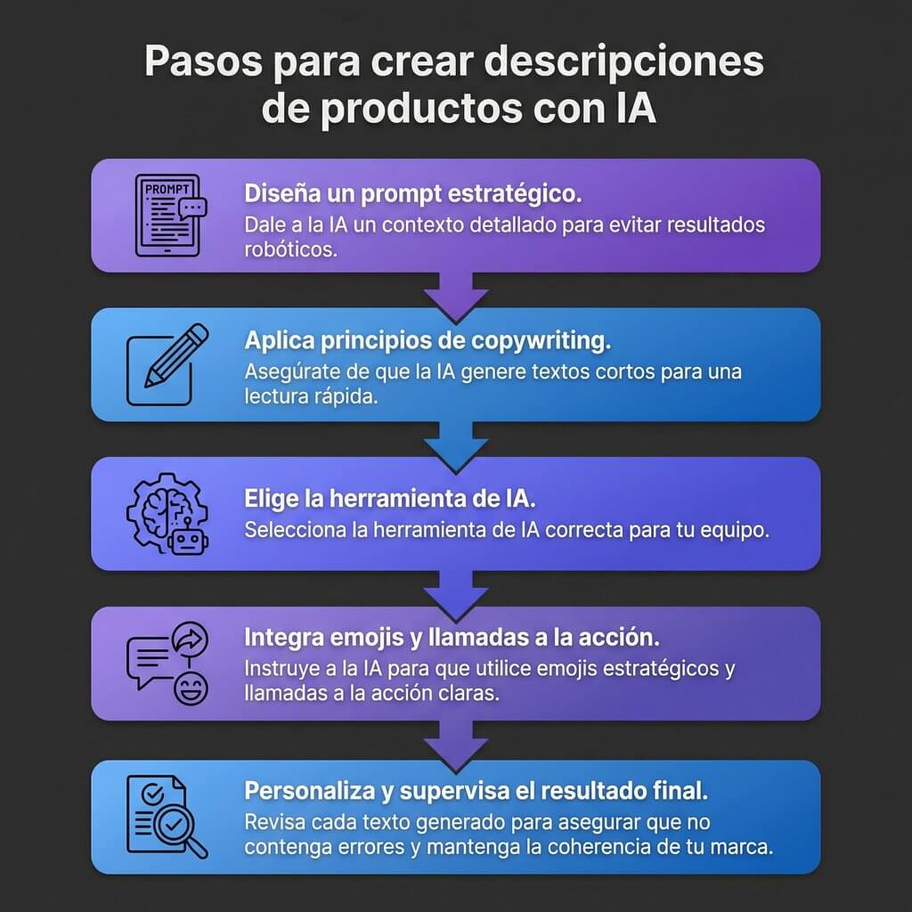 Infografía que explica cómo crear las mejores descripciones de productos con IA para WhatsApp en 5 pasos