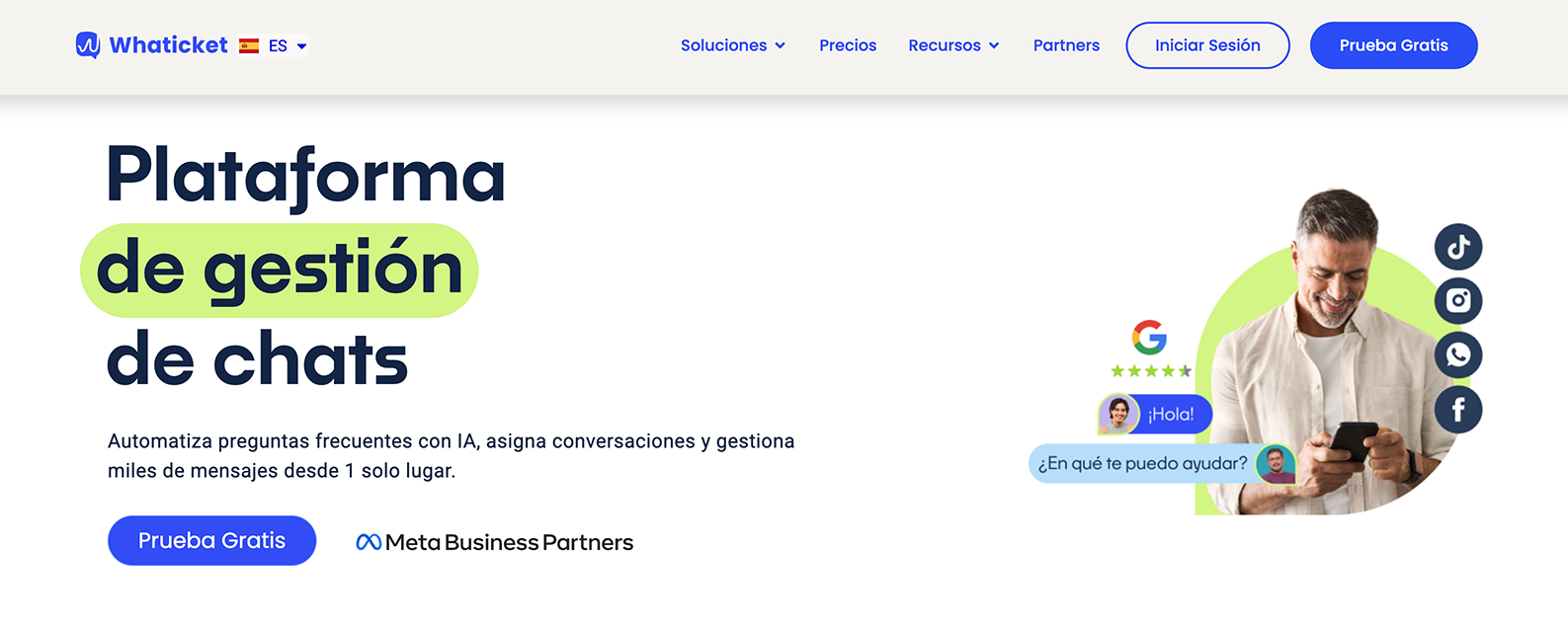 Sitio web oficial de Whaticket, plataforma de gestión de chats y Meta Business Partner que permite automatizar preguntas frecuentes con IA y gestionar mensajes multiagente.