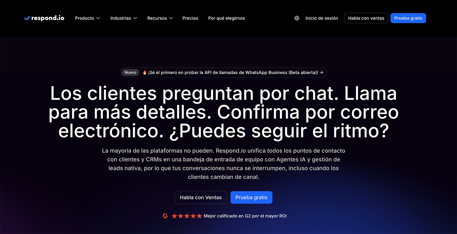 Página principal de Respond.io con propuesta de valor omnicanal que unifica chat y correo electrónico mediante una bandeja de entrada de equipo con agentes de IA.