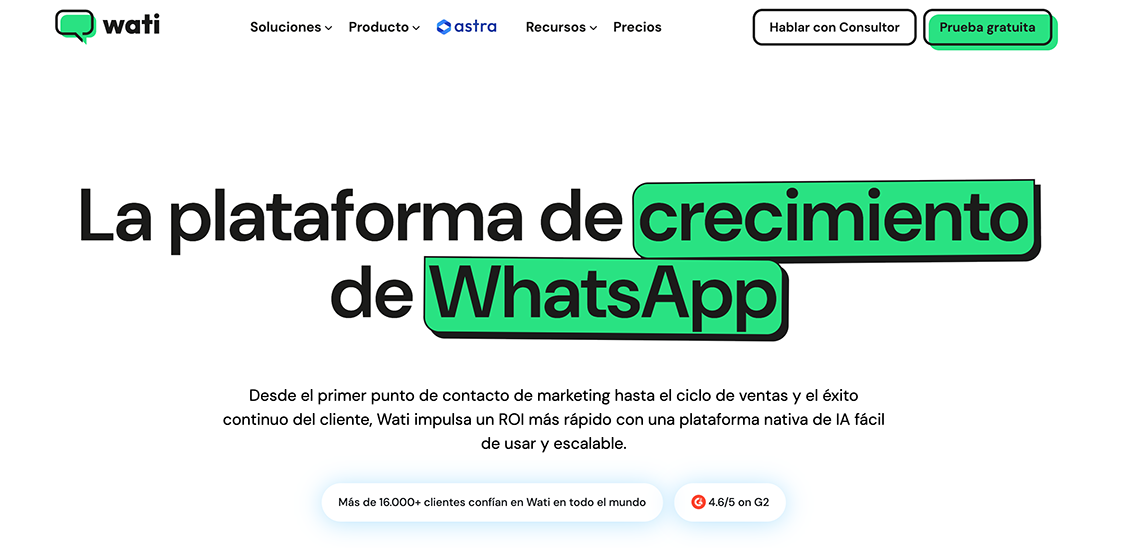 Landing page de Wati presentando su plataforma de crecimiento de WhatsApp con herramientas de IA y marketing nativo para más de 16,000 clientes globales.