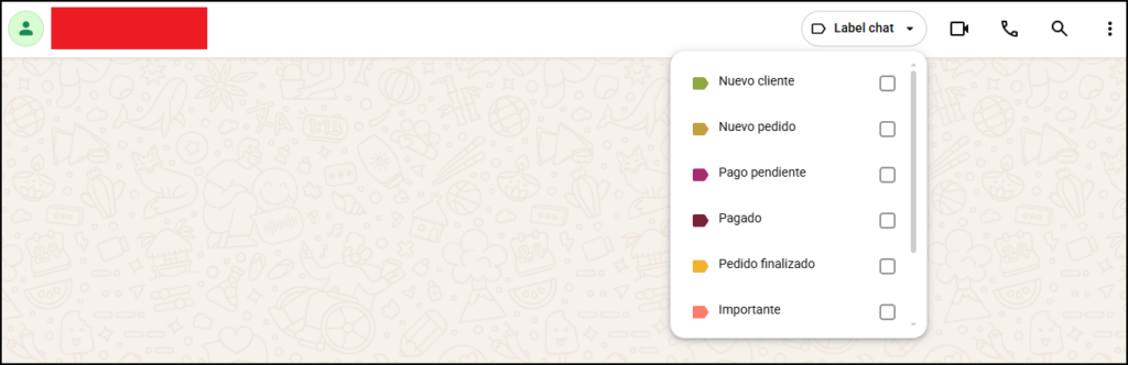 Pantalla de asignación de etiquetas a chat desde WhatsApp Business Web