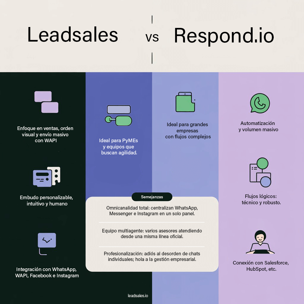 Infografía que muestra las semejanzas y diferencias entre Leadsales vs Respond.io