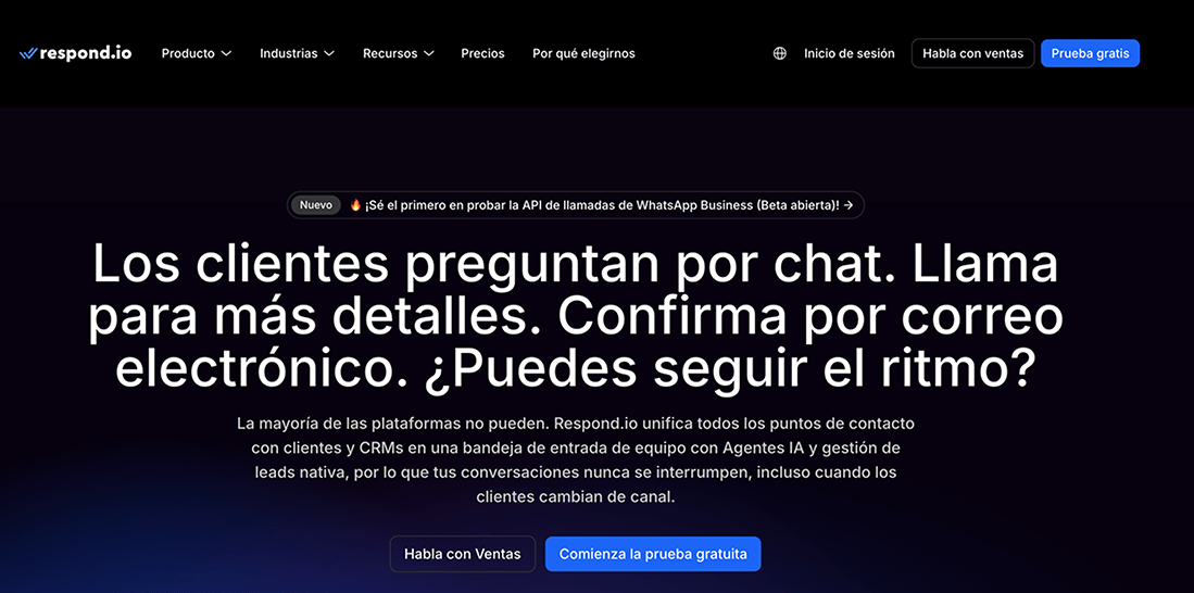Captura de pantalla de la página web de Respond.io
