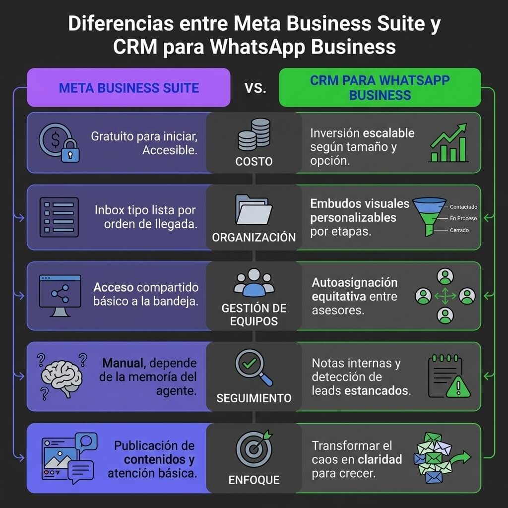 infografía que muestra las diferencias entre meta business suite y crm para whatsapp business