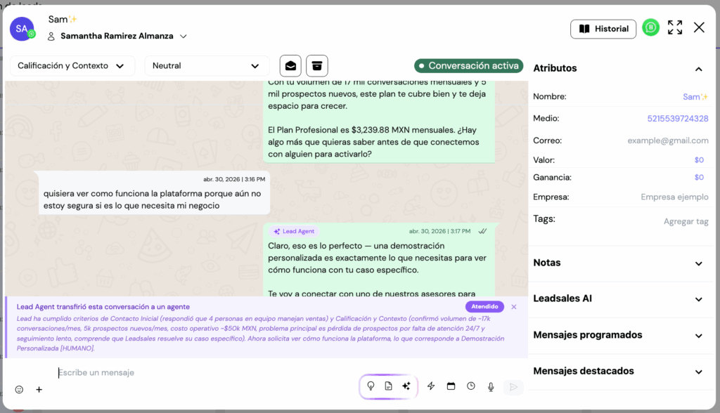 Proceso de respuesta de agente de ia para whatsapp, lead agent de leadsales
