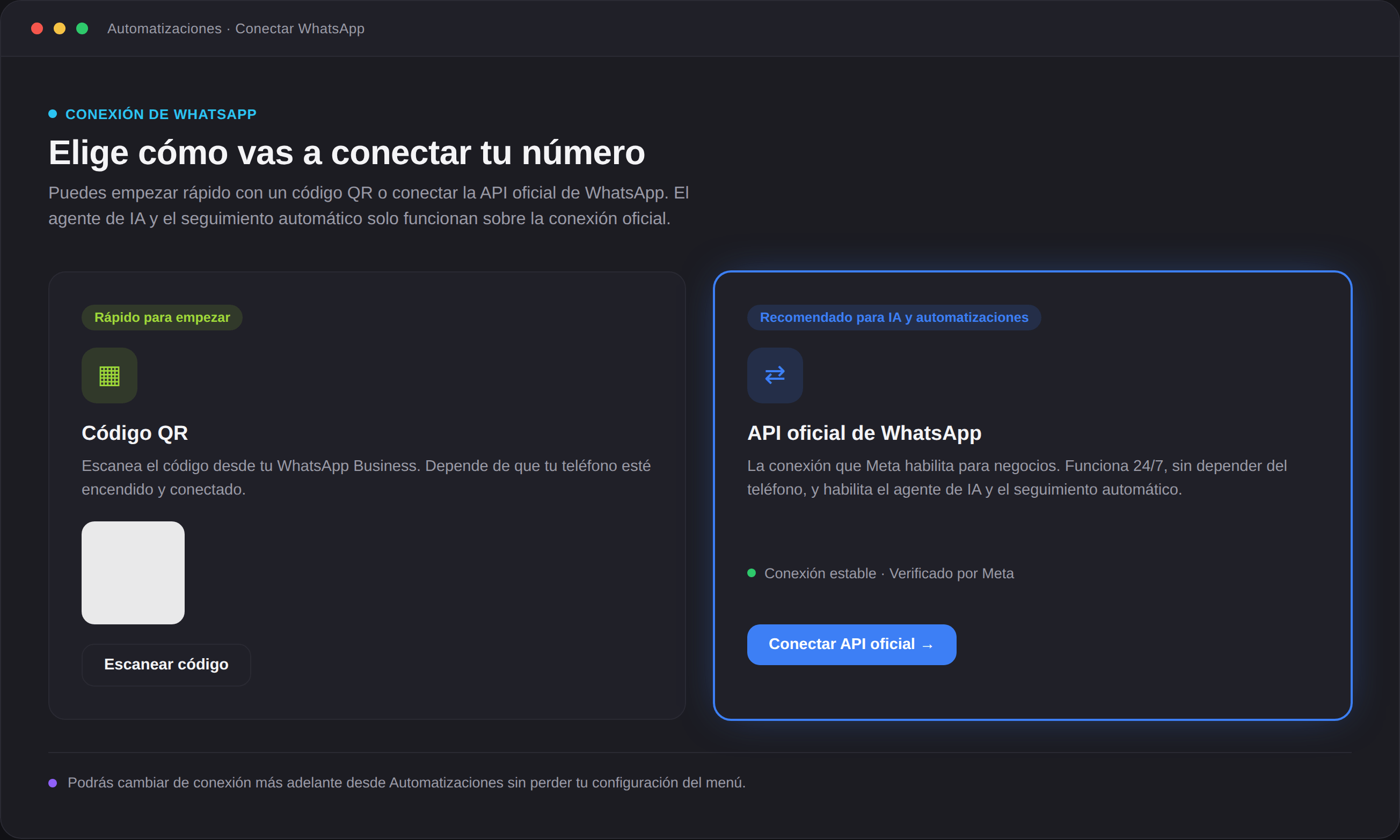 Ejemplo de pantalla de conexión de WhatsApp por QR o por API oficial en un CRM para WhatsApp