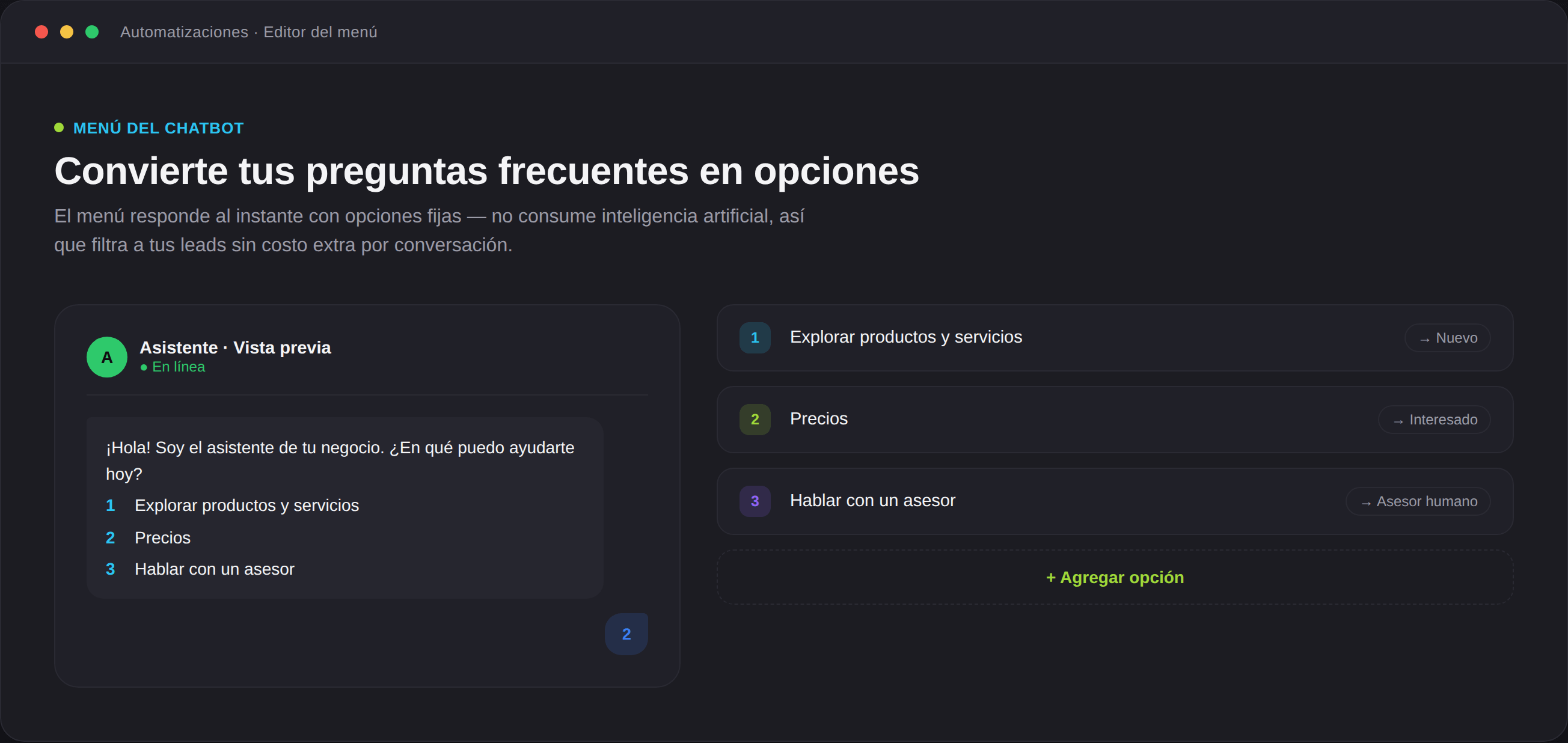 Editor del menú de opciones de un chatbot para WhatsApp.