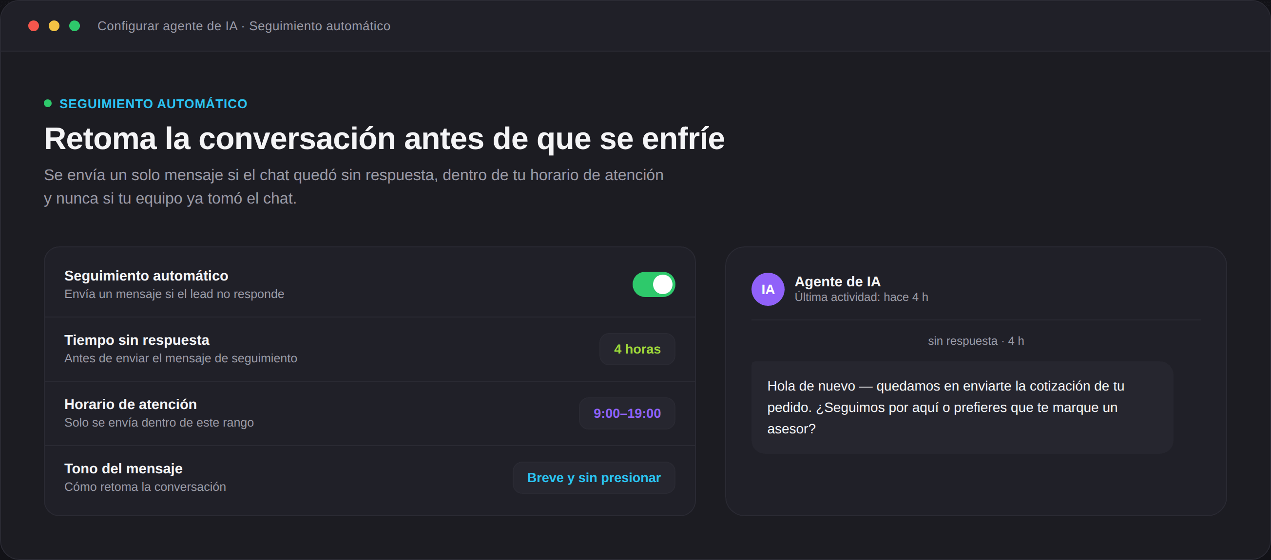Configuración del seguimiento automático de un chatbot con IA para WhatsApp