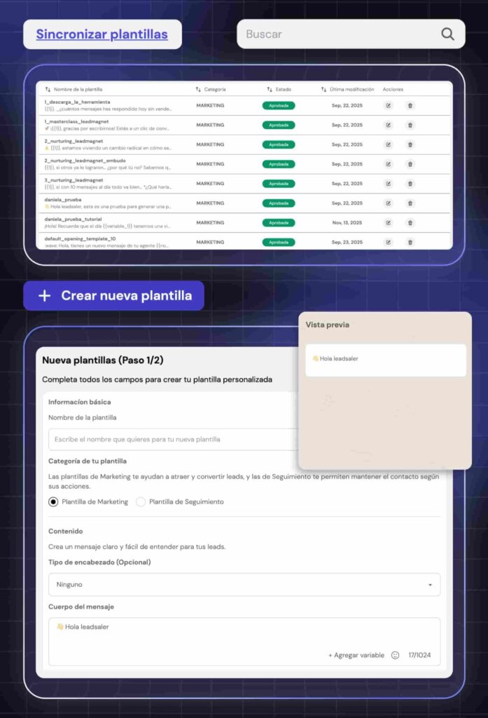 Pantalla de sección de creación de plantillas en Leadsales