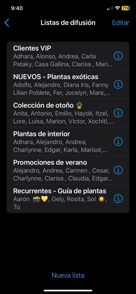 Pantalla de WhatsApp Business mostrando "Listas de difusión" con 6 listas de contactos segmentados: "Clientes VIP", "NUEVOS - Plantas exóticas", "Colección de otoño" (con emoji de planta), "Plantas de interior", "Promociones de verano" y "Recurrentes - Guía de planta por grupo de clientes sin crear grupos de chat.