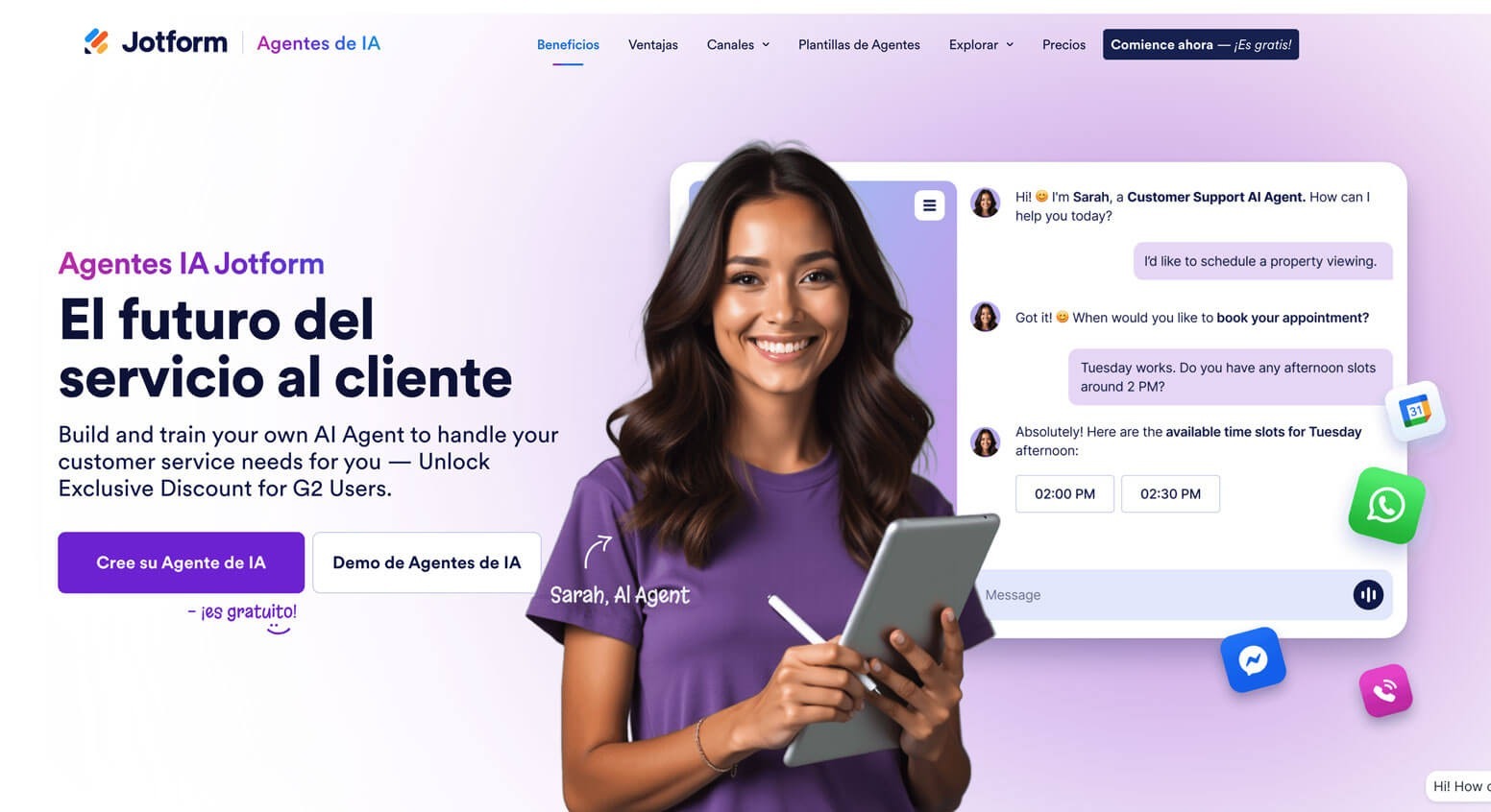 Jotform Agentes de IA: agente de servicio al cliente agendando una cita por WhatsApp, Messenger y llamada