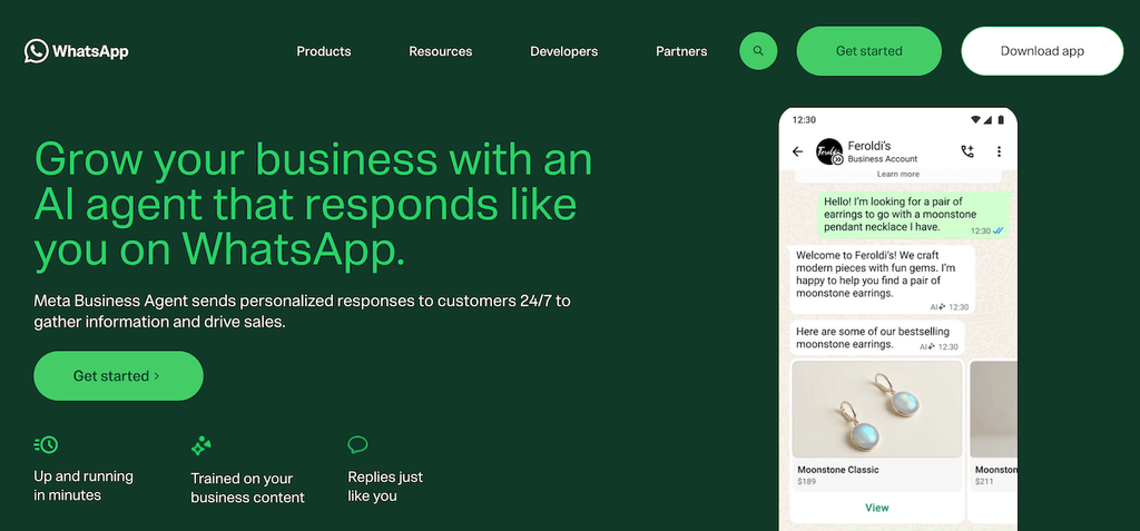 Meta Business Agent: agente de IA de WhatsApp Business recomendando productos del catálogo a un cliente en el chat.