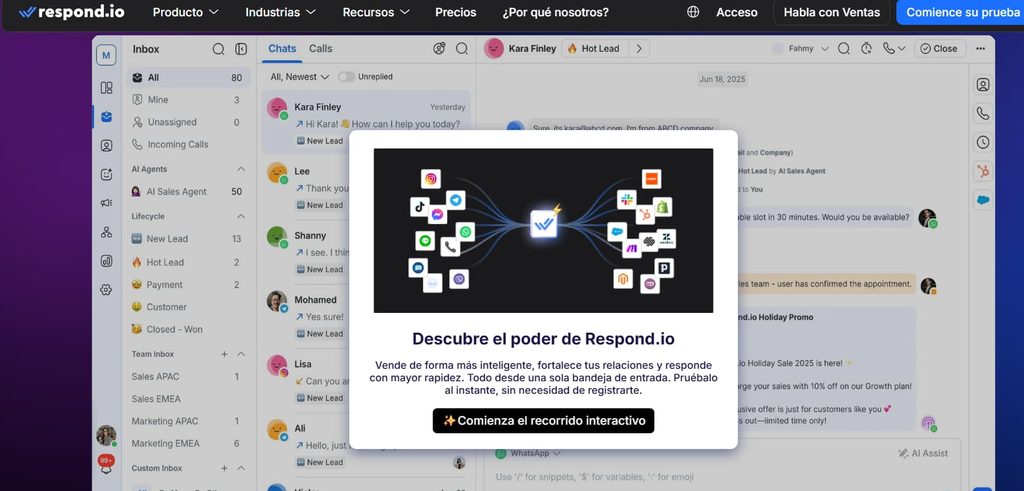 Pantalla de inicio de Respond.io