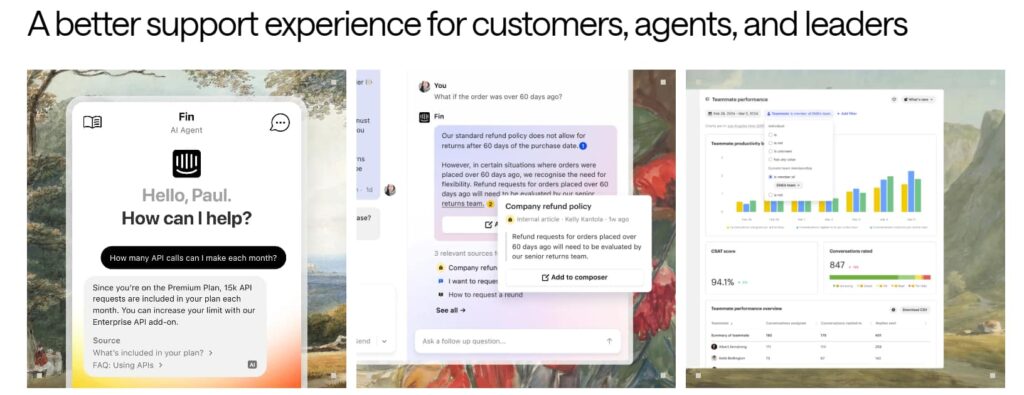 Página de Intercom con presentación de su helpdesk y agente de inteligencia artificial Fin