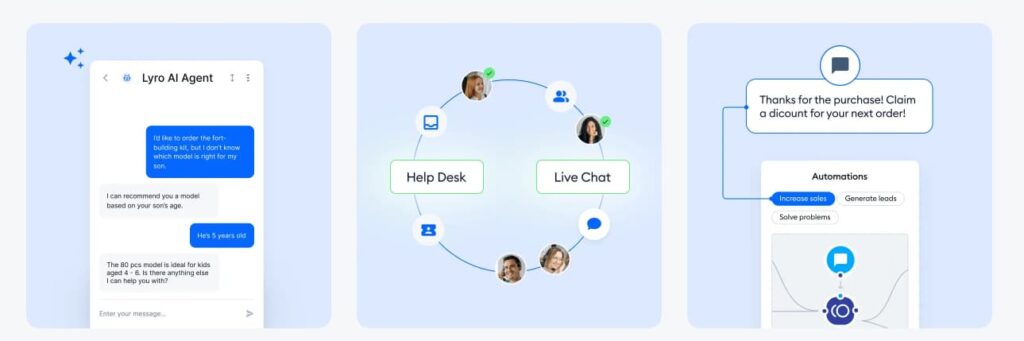 Plataforma Tidio con Lyro AI Agent con chat, soporte en vivo y automatizaciones