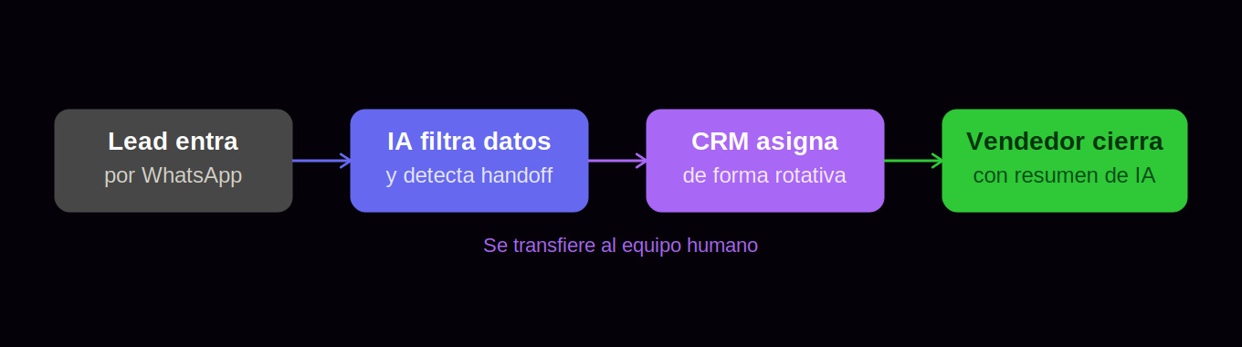Diagrama de flujo de cuatro pasos mostrando el recorrido de un lead en WhatsApp: el lead entra por WhatsApp, la inteligencia artificial filtra sus datos básicos y detecta cuándo necesita escalar a un humano, el CRM asigna la conversación de forma rotativa entre los vendedores disponibles, y el vendedor humano cierra la venta apoyado por un resumen generado por IA.