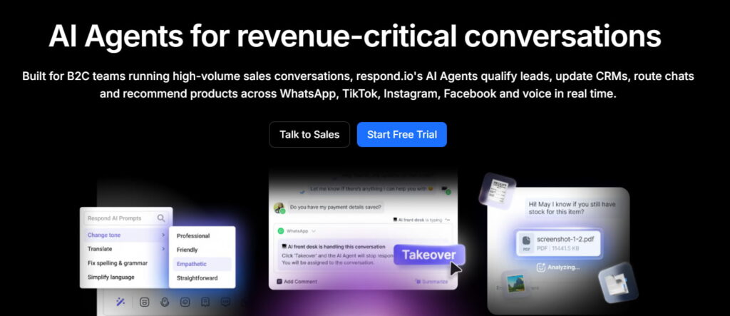 Alternativa a Meta Business Agent: agente de IA de Respond.io para gestionar conversaciones B2C