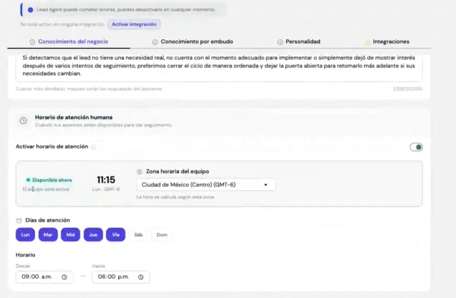 Sección de horario de atención en agente de IA Lead Agent