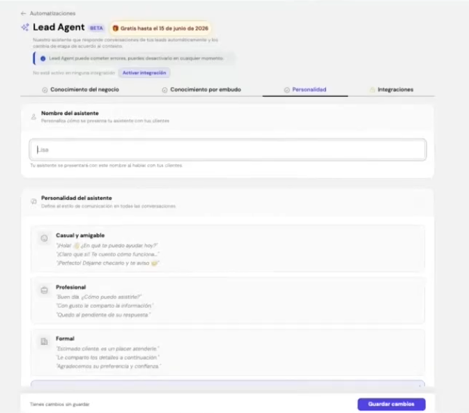 Sección de configuración de personalidad y nombre de agente de IA