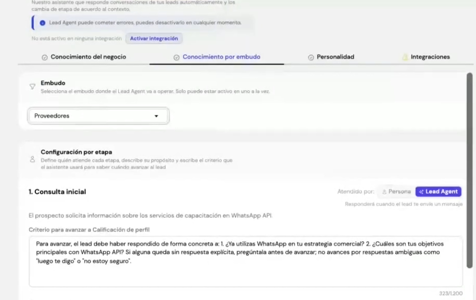 Sección de conocimiento por embudo de agente de IA Lead Agent