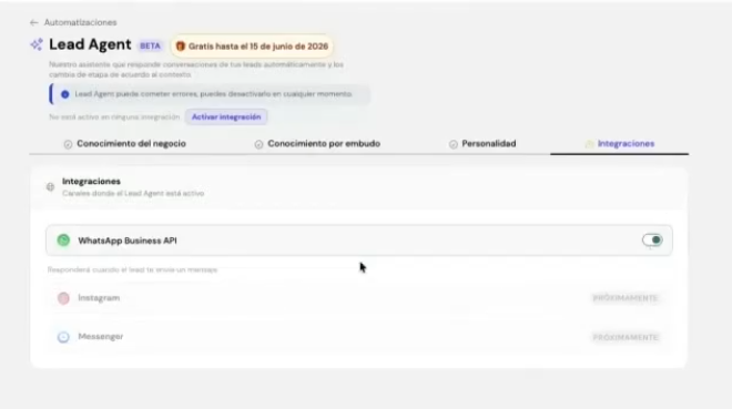 Sección de Integraciones al configurar agente de IA para WhatsApp Lead Agent