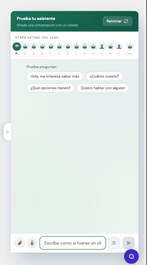 Sección de sandbox para probar Lead Agent
