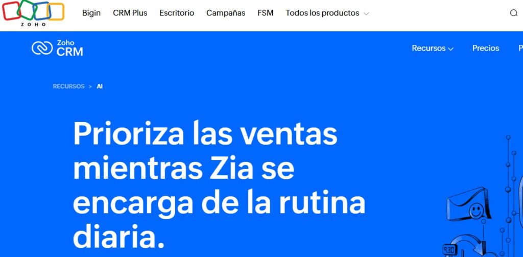 IA de Zoho CRM con Zia para priorizar ventas y automatizar tareas diarias del equipo comercial