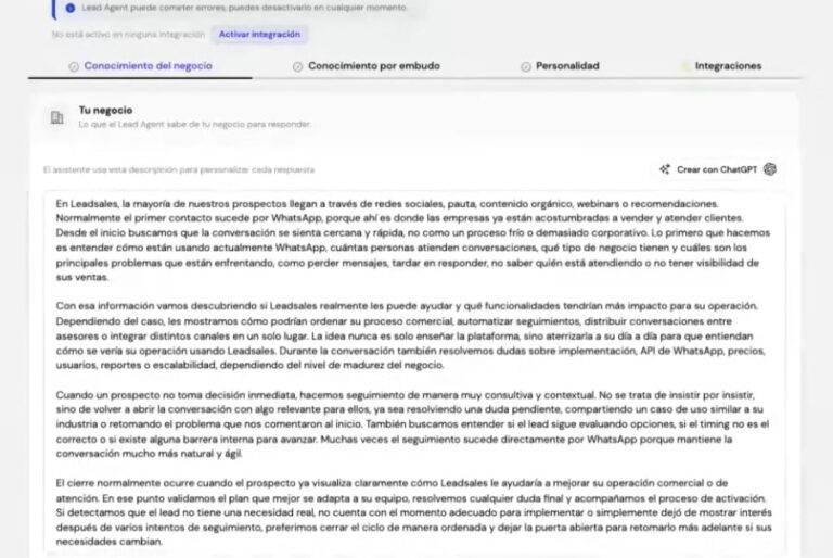 Sección de conocimiento de negocio de agente de IA Lead Agent