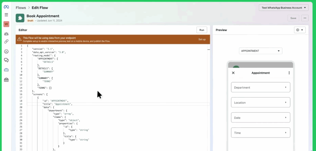 Panel de creación de formulario con WhatsApp Flows desde Meta