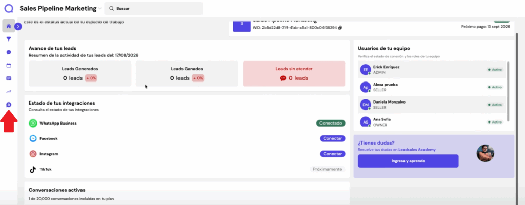 Panel de acceso a módulo de WhatsApp Business API en Leadsales CRM