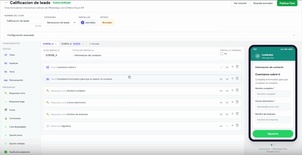 Panel de creación de Flows desde Leadsales CRM