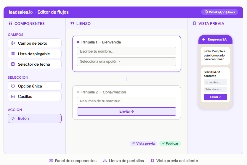 Editor visual para crear un flujo de WhatsApp paso a paso